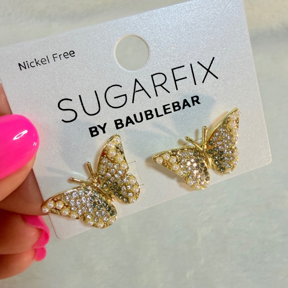 Sugarfix by‎ Baublebar Gold Tone Butterfly Faux Pearl Crystal Stud Earrings NEW